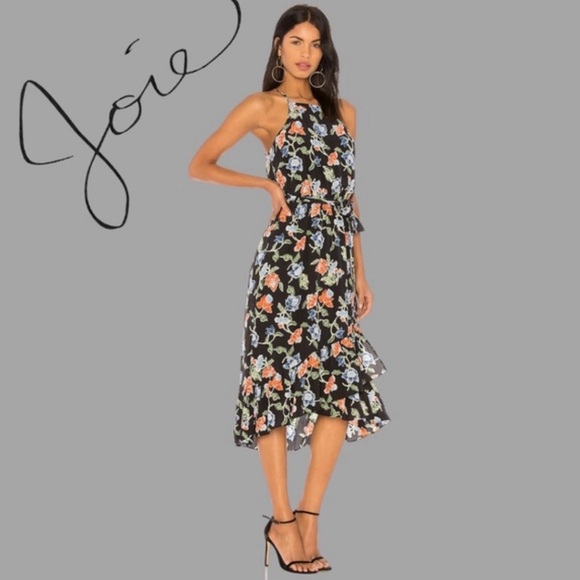 Joie Deme Halter Dress Black Floral Multi XS 100% Silk EUC